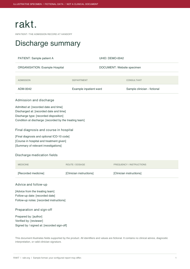 Preview of the fictional discharge report specimen