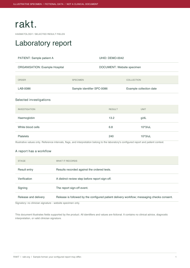 Preview of the fictional laboratory report specimen